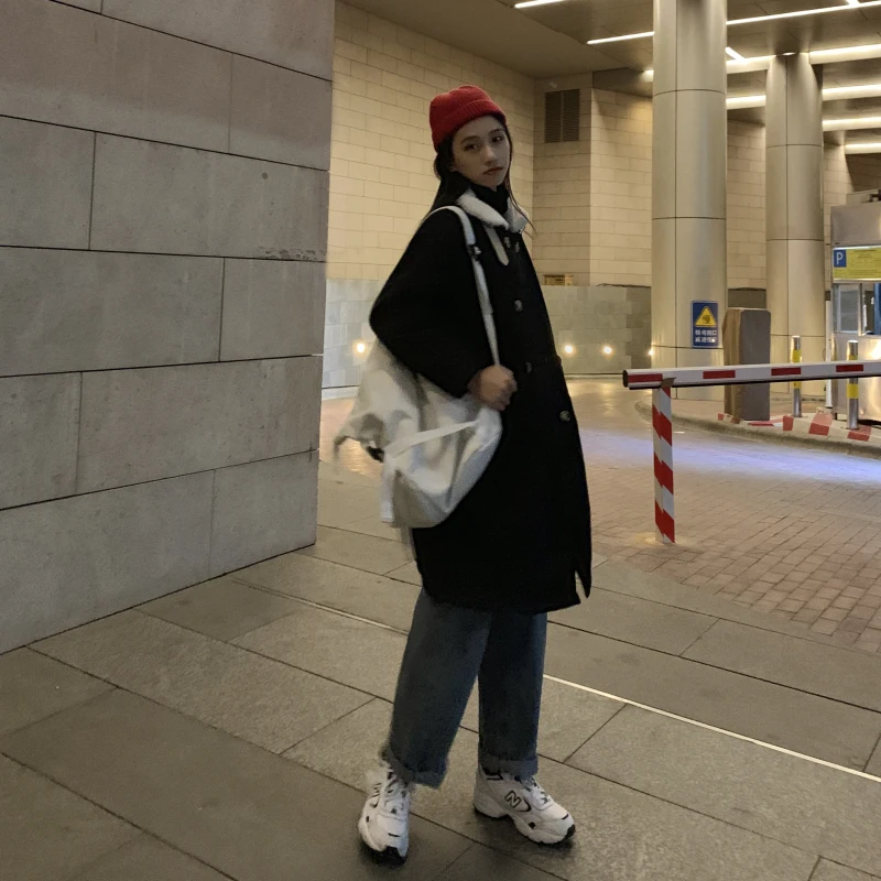 Harajuku, куртка из овечьей шерсти, женская мода, двубортный, с длинным рукавом, Термальный, хлопок, куртка для девушек, одноцветная, тонкая, мешковатая, для женщин