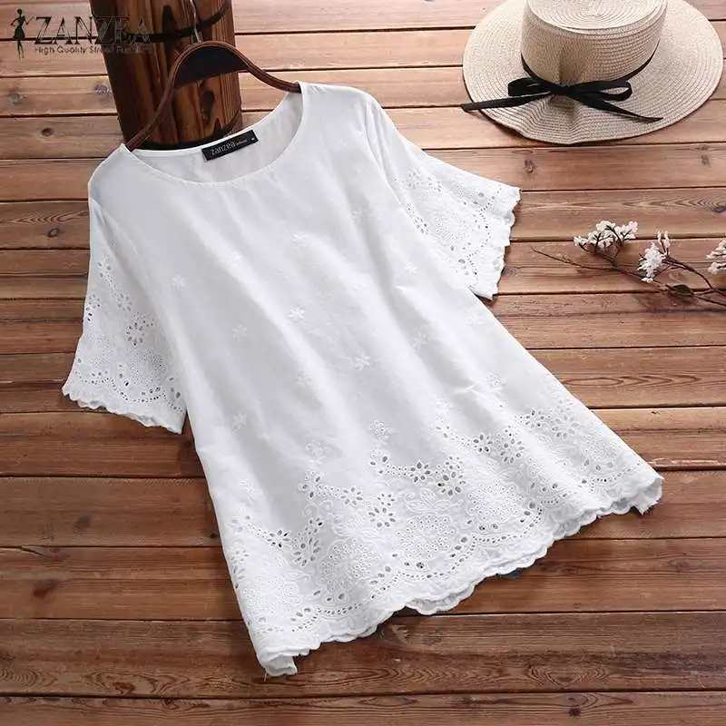 

ZANZEA Women Cotton Linen Tops Summer Short Sleeve Blouses Bohemian Floral Embroidery Hollow Out Shirts Solid Blusas Femininas