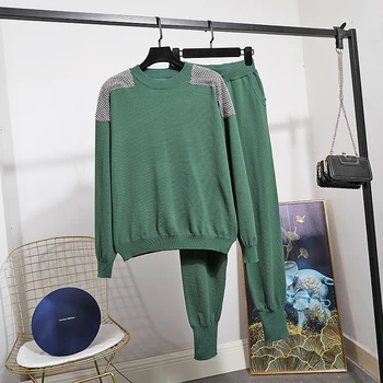 

2020 Spring New Fashion Diamond Knitted Long sleeve Tracksuit Women Set + Casual Little feet Pants 2 Piece Set Women Tops D3661