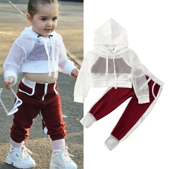 

Toddler Baby Girl Sets White Fishnet Long Sleeve Hooded Blouse Red Sling CropTops Net Hooded T-Shirt Tops Sweatpants Outfit 2-6T