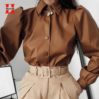 

Harrill PU Leather Puff Sleeve Shirt Women Tops Solid Color High Quality Single Breasted Turn-down Collar Shirt Women Clothing