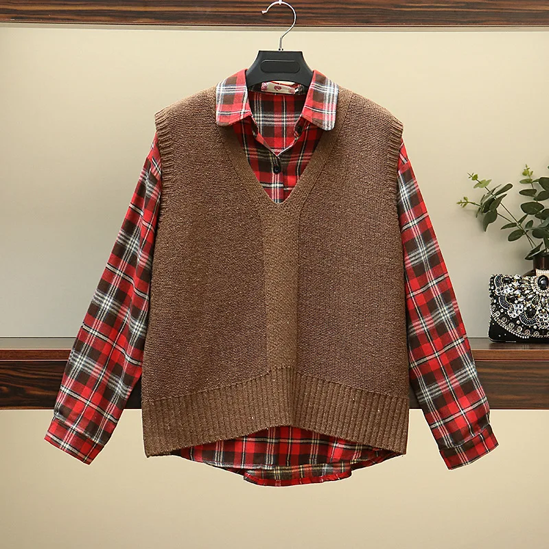 

2019 Spring New Style Korean-style by Age Large Size Dress Fat Mm Fashion Slimming Waistcoat + Plaid Shirt Two-Piece Set