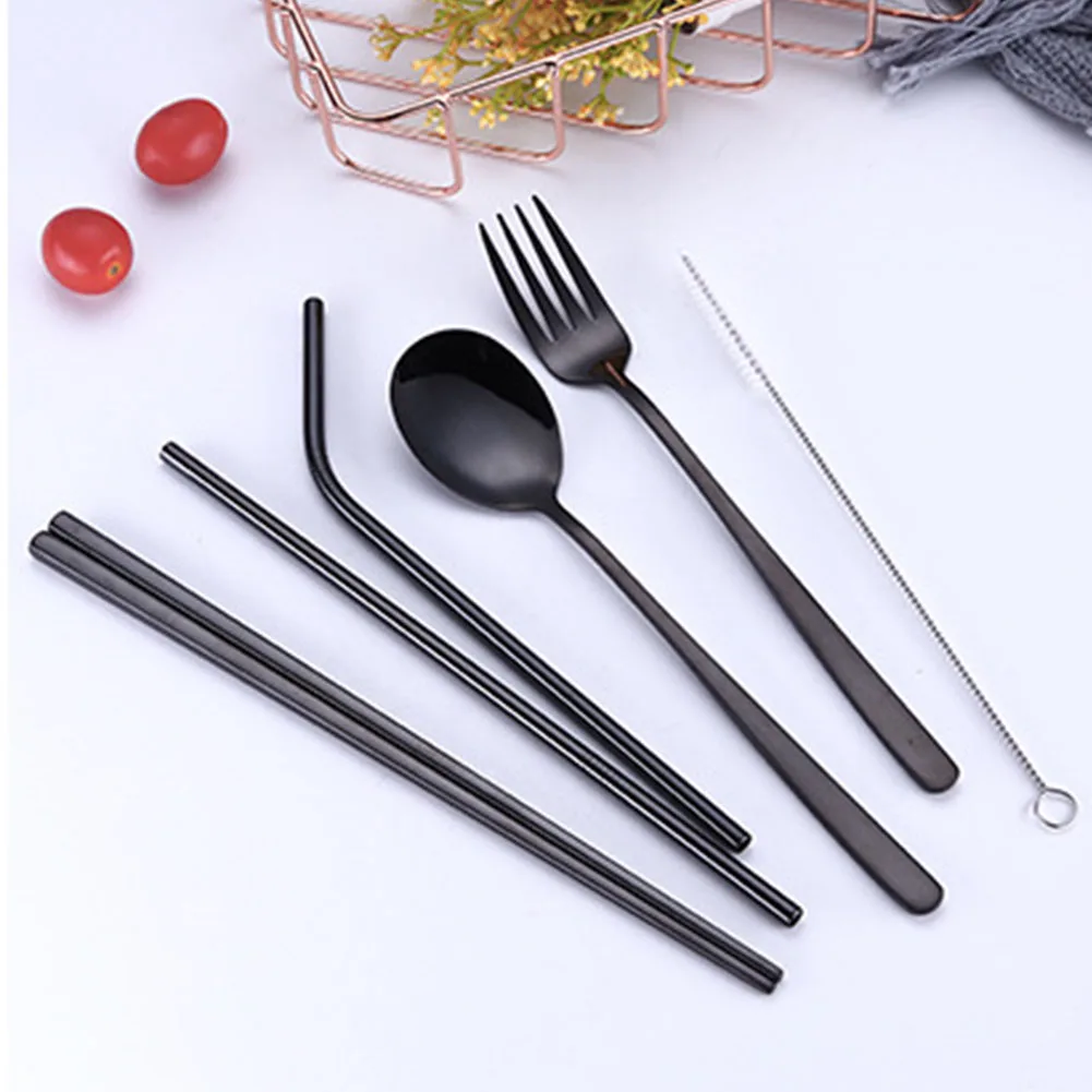 5 Pcs/set Durable Camping Stainless Steel Picnic Kitchen Dinnerware Chopsticks Lunch Flatware Set Fork Spoon Travel Home Cutlery - Цвет: Черный