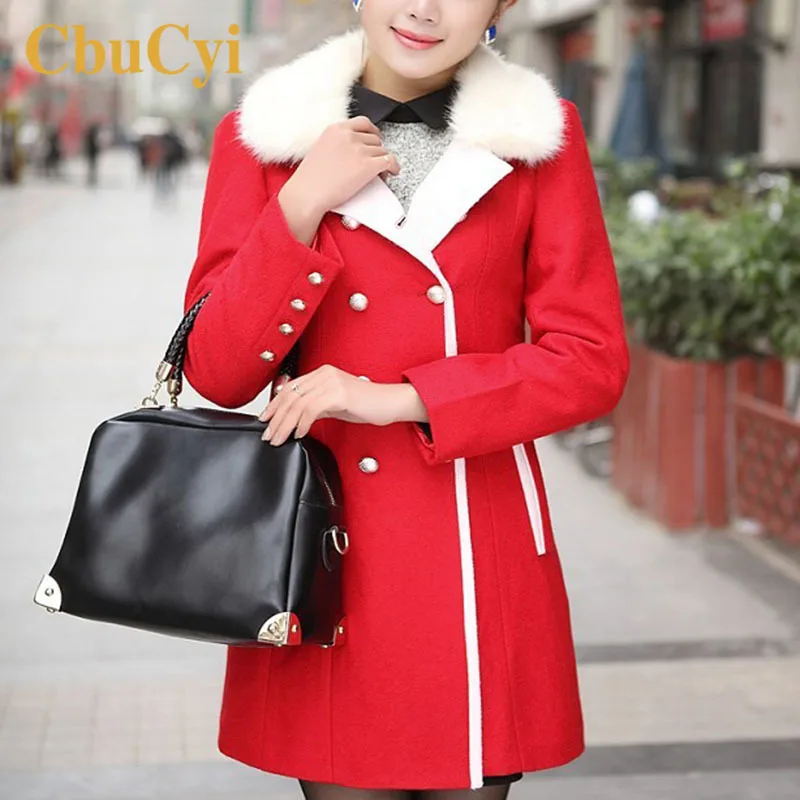 Winter Wool Coat Women Thick Warm Long Wool Blends Coats Elegant Ladies Furry Collar Woolen Coats Jackets Abrigos Mujer Invierno