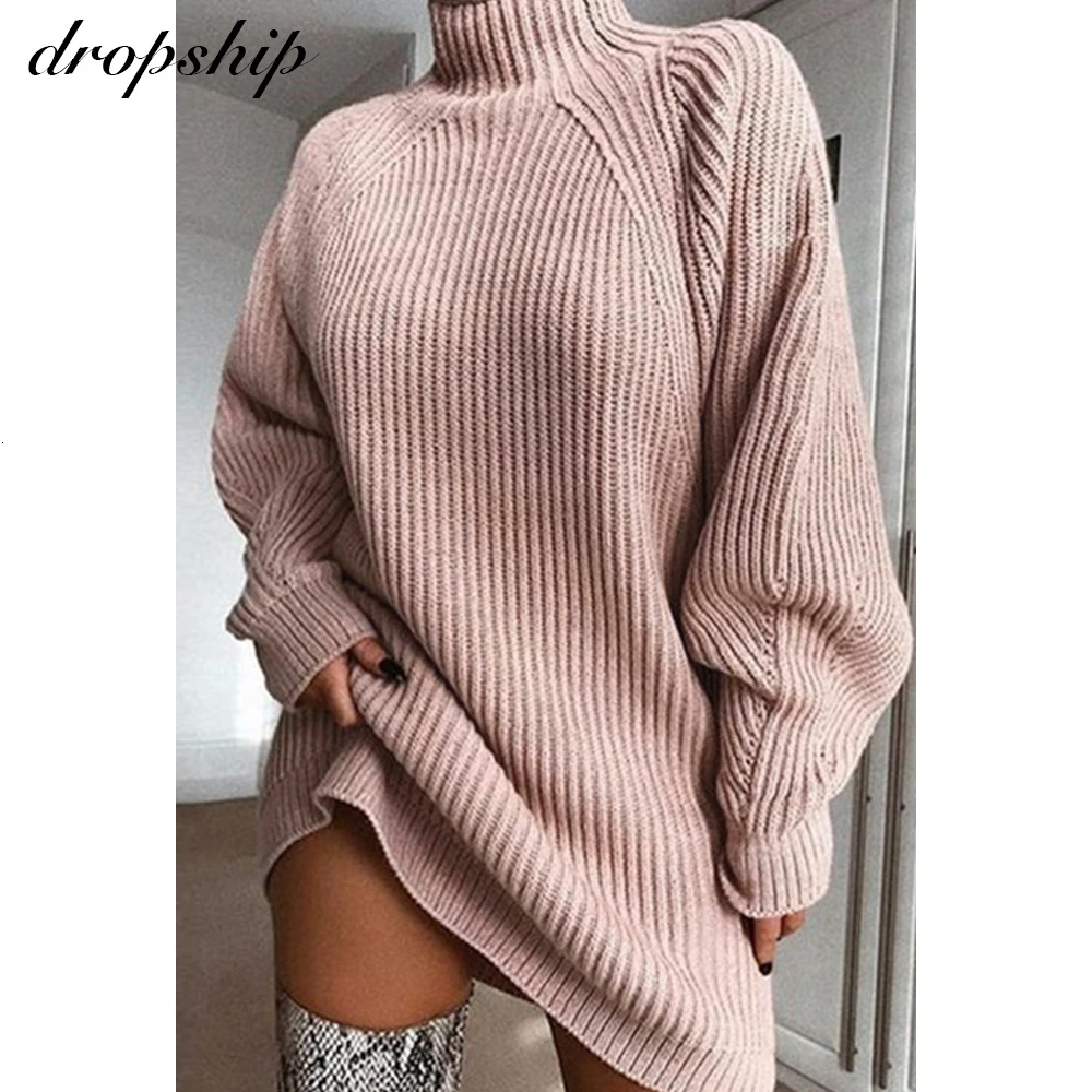Dropship Turtleneck Long Sleeve Sweater Dress Women Autumn Winter Loose Knitted Casual Pink Gray Clothes Solid Dresses Warm Top | Женская