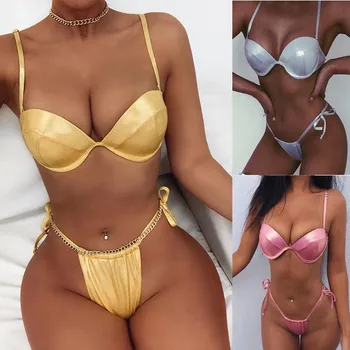

2pcs Sexy String Micro Bikini Women Bikini Set PU Bra Tie G-String Thong push up Beach Suit Women Swimsuit Bronzing Biquini #C