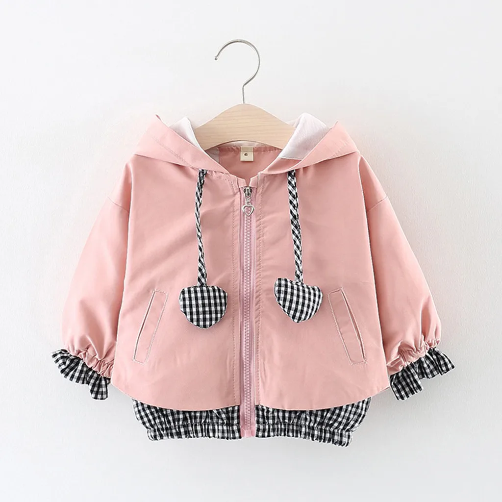 PK Toddler Baby Outerwear Kids Girls Heart Plaid Hooded Windproof Coat Outwear Casual Clothes Zipper Coats Tops Clothes#1019 - Цвет: PK