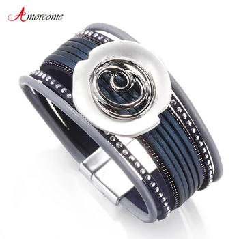 

Amorcome Flower Charm Leather Bracelets for Women Rivet Fashion Bohemian Multilayer Blue Wide Wrap Bracelet Female Jewelry