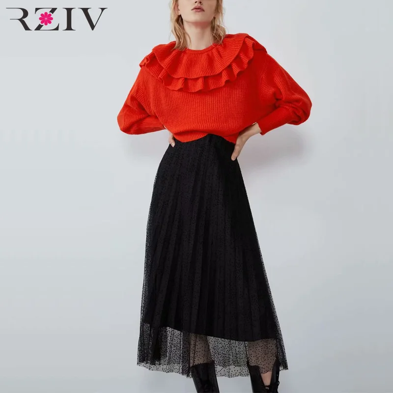 

RZIV Autumn women's skirt casual solid color mesh pleated skirt