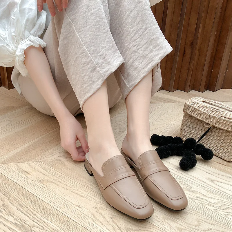 

2019 Spring New Style Genuine Leather Closed-toe Square Root Slipper Outer Wear Versatile Mules Shoes Retro Casual WOMEN'S Shoes