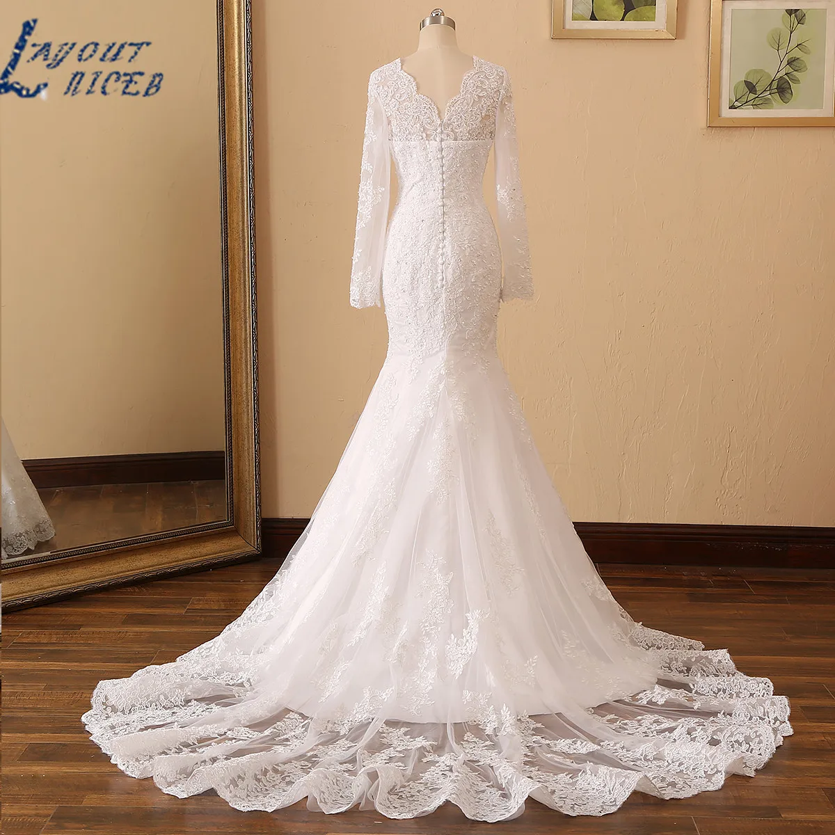 Mermaid Wedding Dresses Long Sleeves V Neck Beading Lace Applique Bride Gown wedding dresses