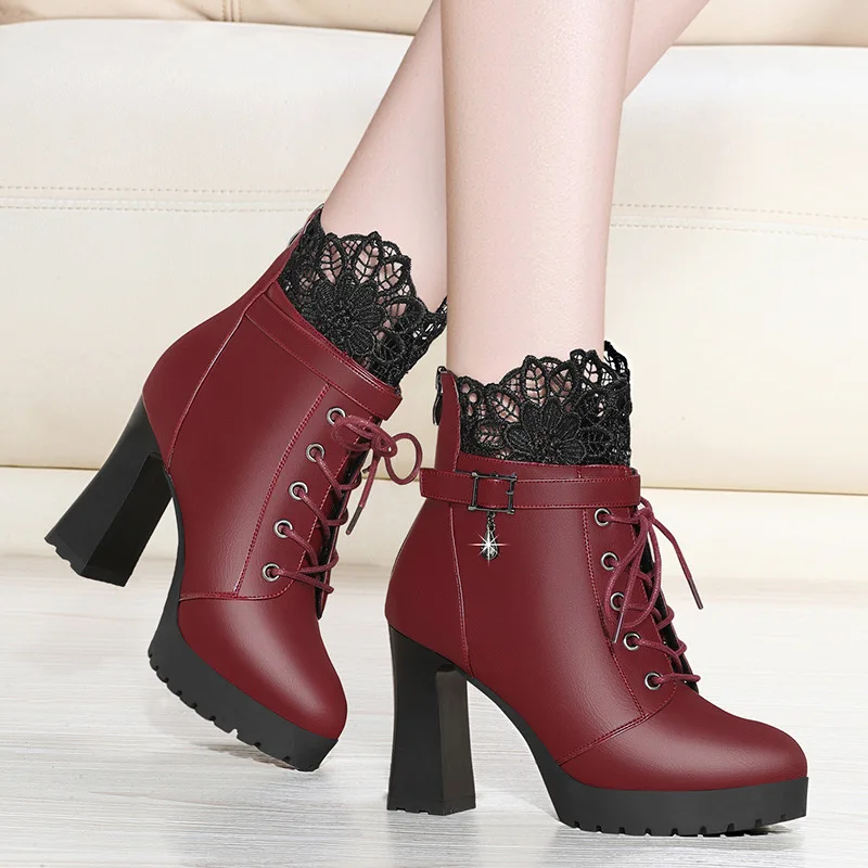 

Chunky Heel Short Boots nv pi xue 2019 Autumn And Winter New Style Lace High-Heel Martin Boots Thick Bottomed Fashion WOMEN'S Sh