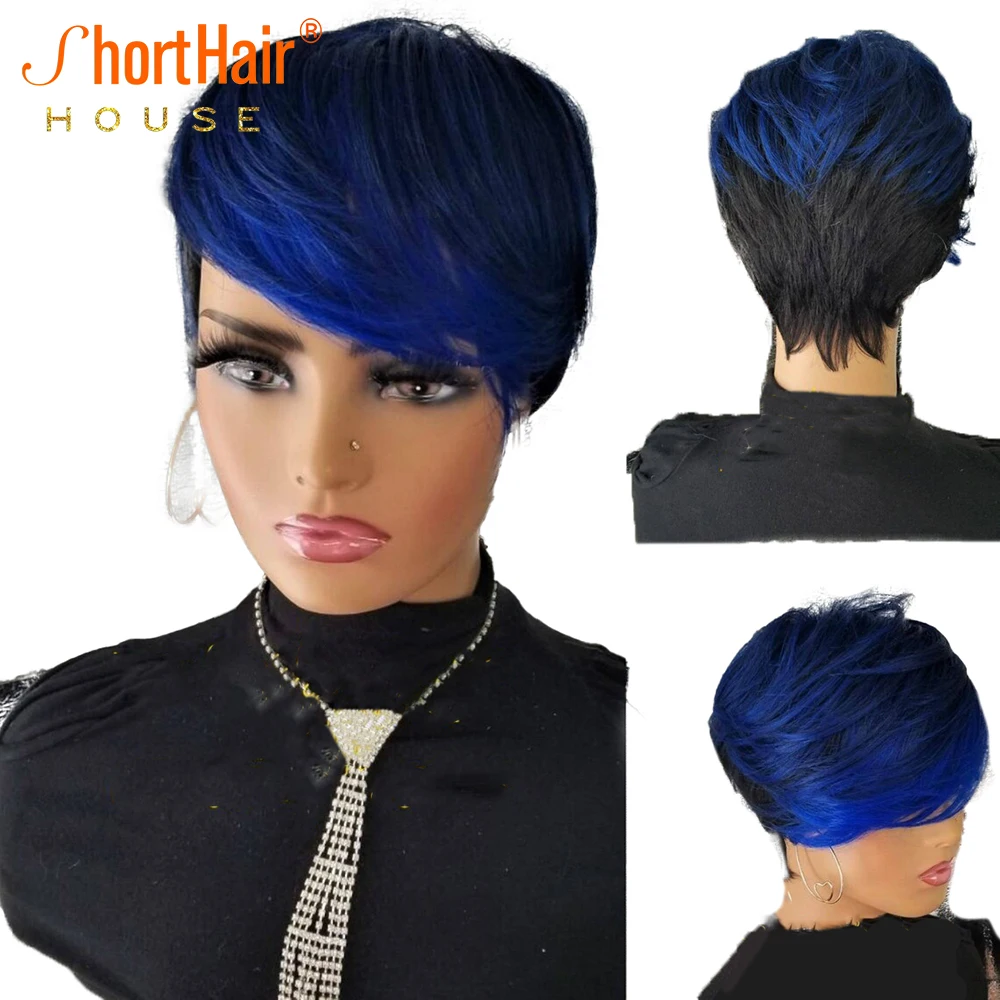 Short Hair Blue Ombre Color Pixie Cut Wig Human Hair Wig With Bangs For Black Women Remy Brazilian Full Machine Made Wave Wig