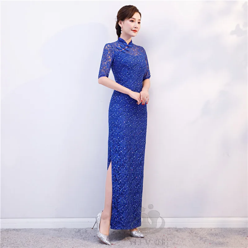 Элегантное женское тонкое платье Cheongsam с блестками, сексуальное вечернее платье, винтажное кружевное платье для сцены, китайский стиль, банкетное платье Qipao 3XL