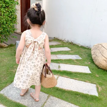 

3479 Children's Boho Mori Girls Dress Baby Girls 2020 Summer Floral Cotton Vest Dress Backless Bowtie Dresses For Toddler Girls