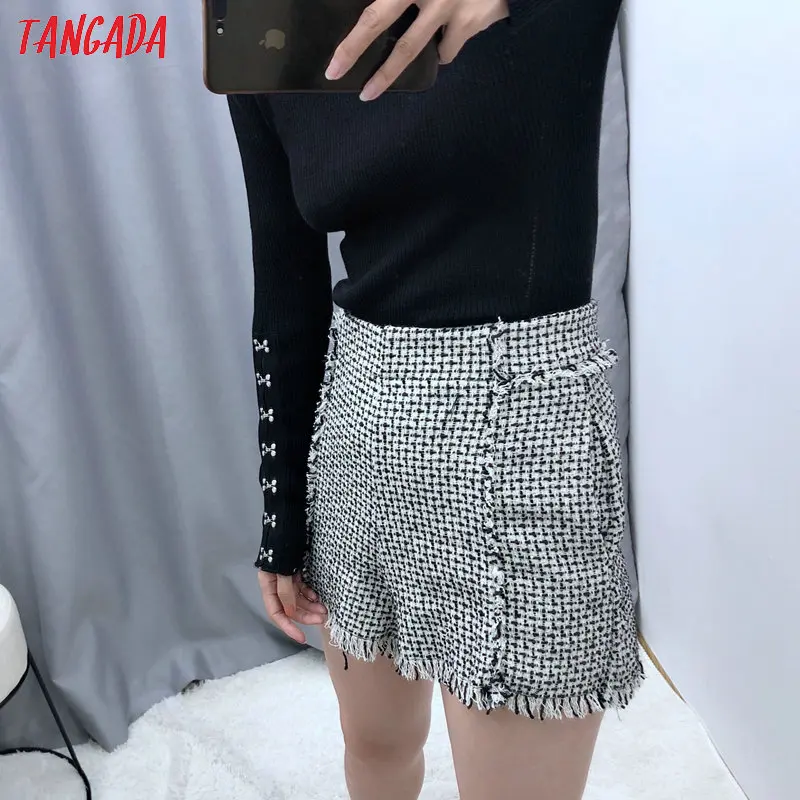 Tangada женские элегантные клетчатые твидовые шорты с кисточками и боковыми карманами на молнии женские Ретро базовые повседневные шорты pantalones BE182