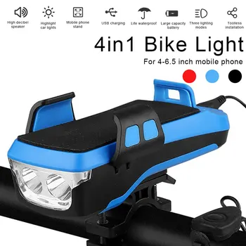 

400 Lumens Bike Light Bike Flashlight Multifunction 4 IN 1 Multifunctional Bike Horn Phone Holder Power Bank Bicycle Front Lamp