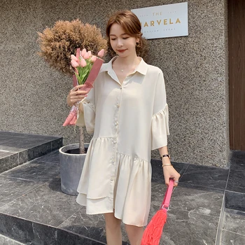 

Summer Button Polo Shirt Dress Women 2020 Spring Summer Turn-down Collar Vintage Party Dress Asymmetrical Butterfly Sleeve Dress