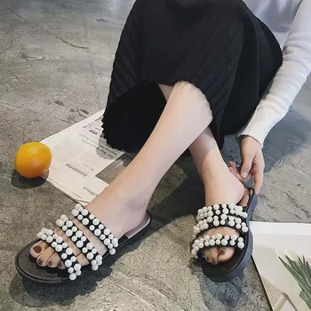 

Woman Summer Beach Sandals Sewing All-match Women Shoes Female Breathable pearl Ladies Retro Wear-resistant Sandalias Plus 36-41