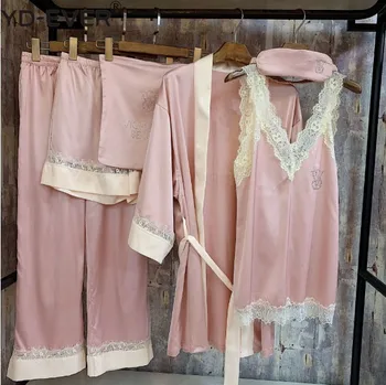

2019 New Spring Women's Pure Color Silk Pajama 6 Piece Pants Sets Female Lace Hot Drill Nightwear Leisure Sleepwear Home Clothes