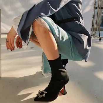 

Scarpe Donna Winter Women Ankle Boots Black Pointed Toe Short Crystal Flower High Heels Stretch Ladies Shoes Woman Botas Mujer