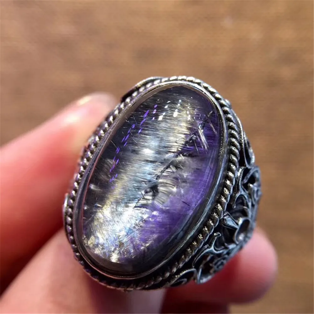 

21x12mm Natural Brookite Silver Rutilated Ring Jewelry For Woman Man Lucky Beads Crystal Stone Adjustable Ring AAAAA Certificate