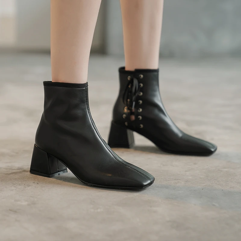 TXCNMB Boots Women Ankle Boots for Women Winter Genuine Leather High Heel Shoes Woman Square Toe