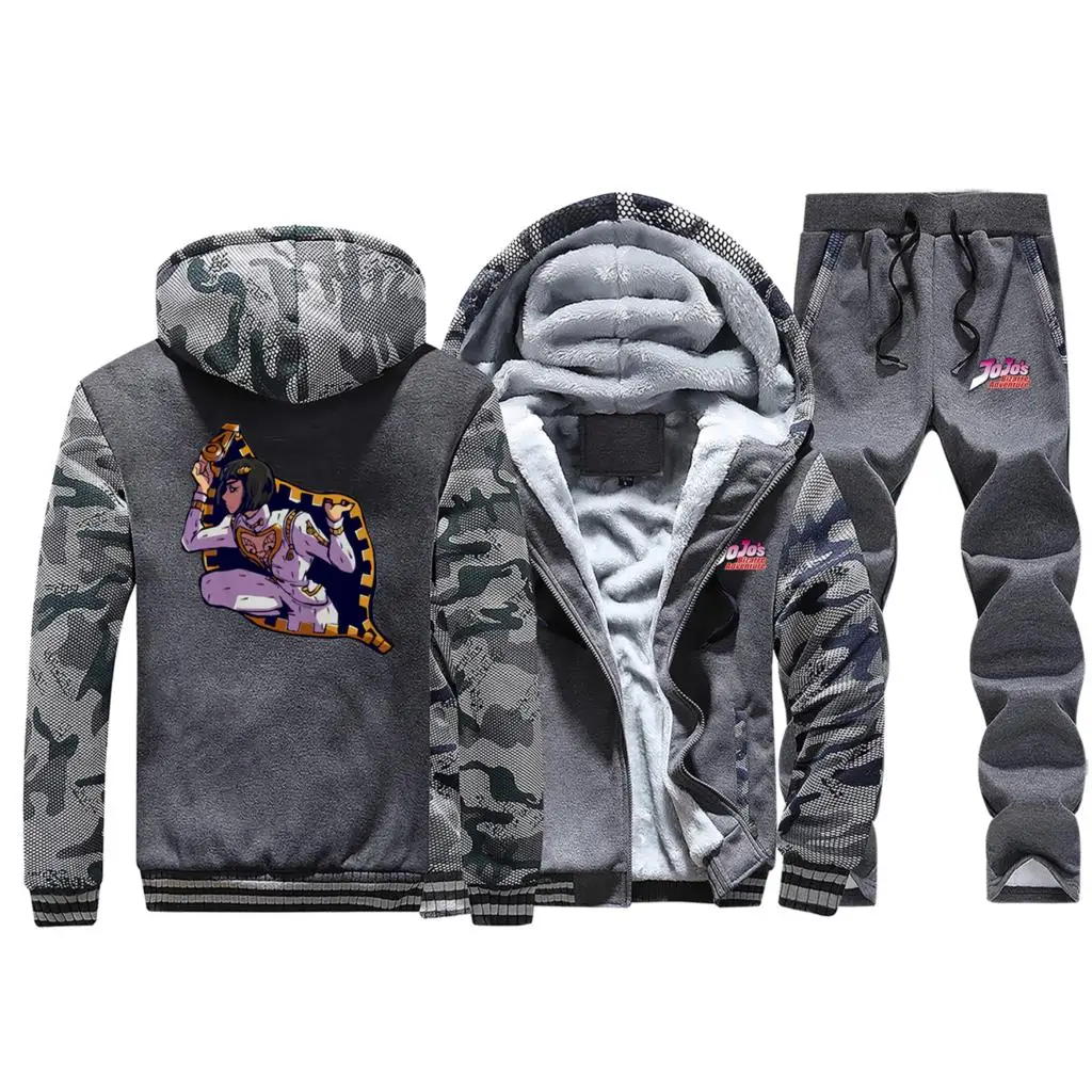 Dark Gray Аниме Харадзюку толстовки костюм зима флис для мужчин Толстовка JoJo Необычные Приключения Графический спортивный костюм мужчин s куртка+ брюки 2 шт. наборы - Цвет: Dark Gray