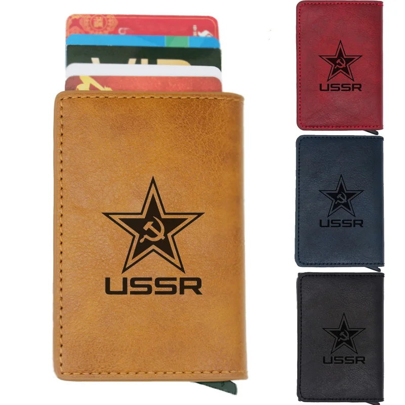 Classic USSR Soviet Badges Sickle Hammer Rfid Card Holder Men Wallets CCCP Russia Emblem Communism Black Leather Short Purse