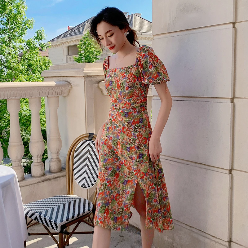 

Women Long Floral Chiffon Dress Summer 2020 Runway Korean Vintage Elegant Party Night Dress Boho Tropical Beach Vacation Dresses