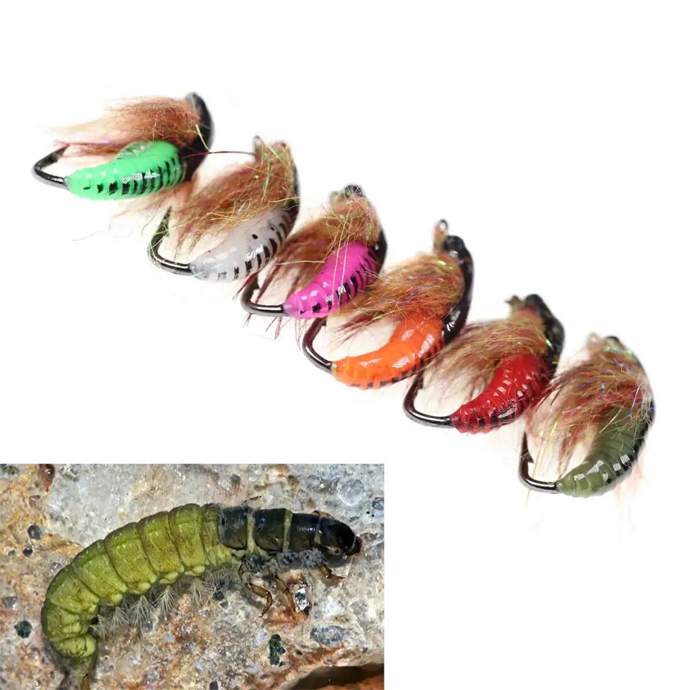 6PCS/Lot Glass Bead Caddis Larva Pupa Nymph Flies Trout Fishing Lures Size #14