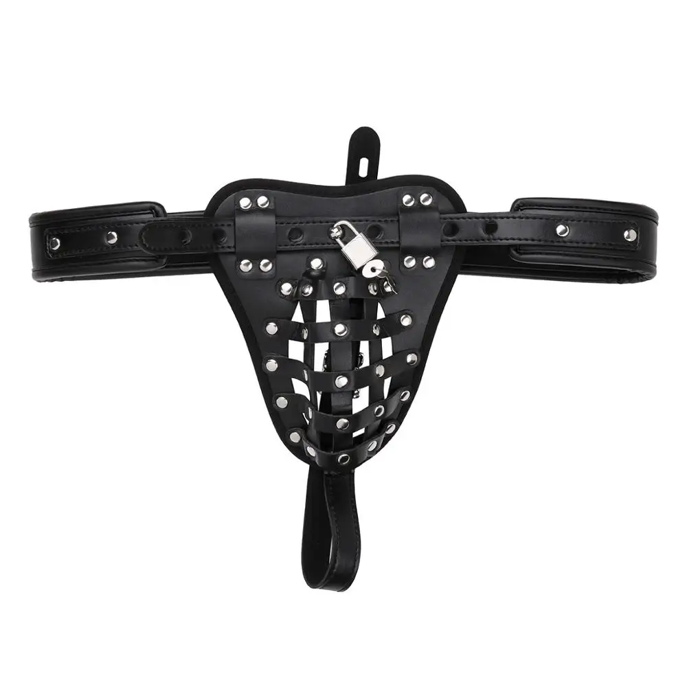 Men Chastity Underwear PU Leather Caged Basket G-string Briefs Sissy Gay Open Butt Jockstrap Panties Sexy Thong Lock men stretch g string panties,men stretch thong underwear,men lingerie briefs