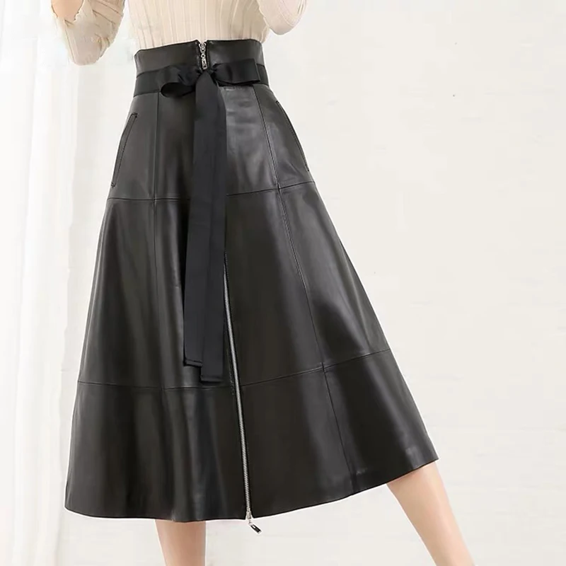 Genuine Leather Long Skirt With Zipper In Front Winter Black Sheepskin