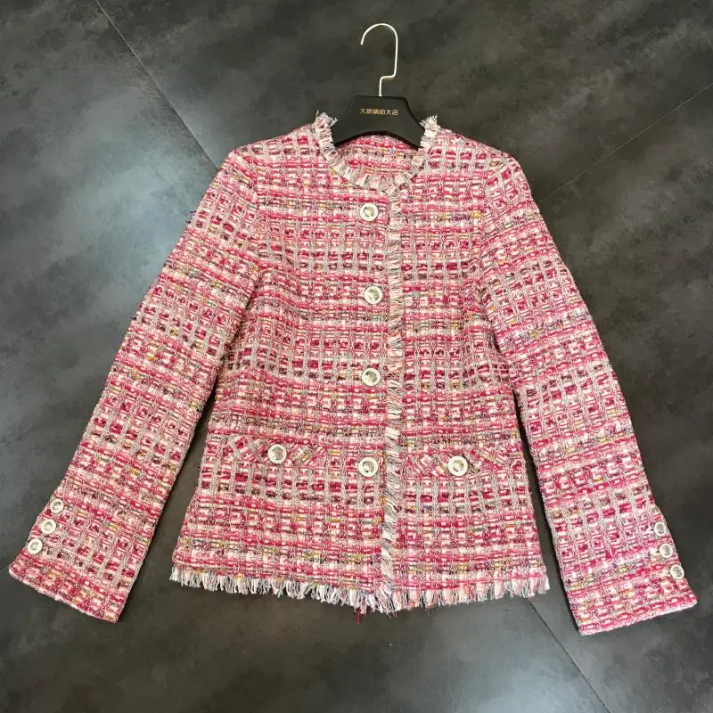 New spring autumn Red Fashion Runway Designer Outwear Women Elegant Stripes Luxury Tweed Coat Short Jacke