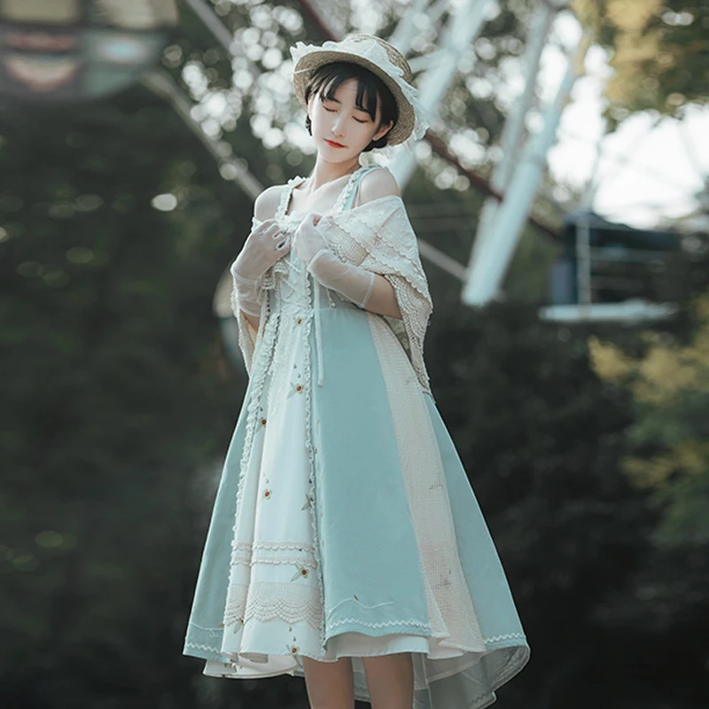 

Lolita Set Jsk With Cape Retro Lace Spring Summer Floral Countryside Loli Kawaii Elegent Lady Green Sweet Lolitas Women Dresses
