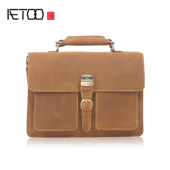 

AETOO Mad Horse leather men's hand-held briefcase, head-layer cowhide shoulder-length sloping bag, leather computer bag.