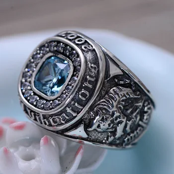 

Solid 925 sterling silver rings with light blue stone Thai silver punk rock jewelry big size for Men or women