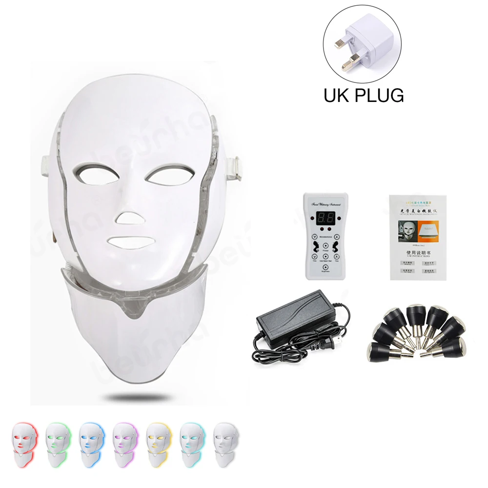 UK Plug no Box 7 цветов Светодиодная фотонная терапия маска для лица с шеей отбеливающая омоложение кожи против морщин, акне косметический аппарат спа для лица - Цвет: UK Plug no Box