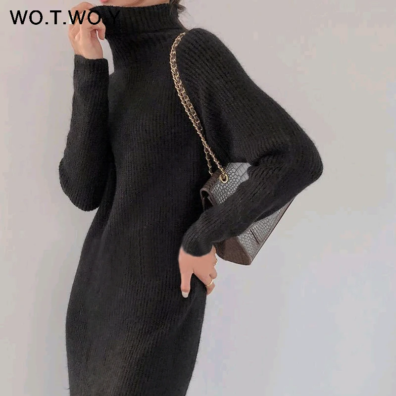 WOTWOY осенне-зимнее хлопковое женское платье с высоким воротом и длинным рукавом реглан до середины икры вязаное плотное женское платье теплая одежда для женщин - Цвет: SD19307Black