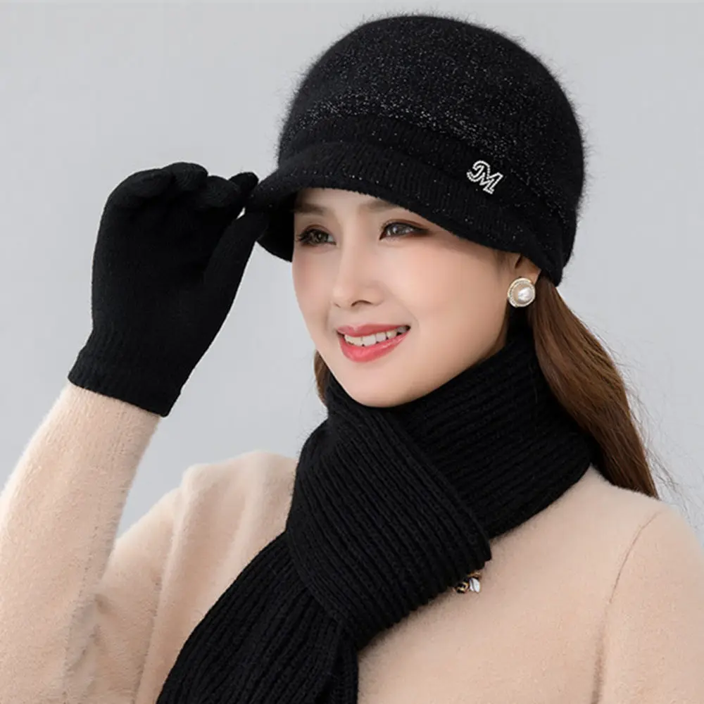 

New Women Casual Winter Hat With Brim Outdoor Keep Warm Suit Hat Scarf And Gloves Set For Female Street Thick Knitted Bucket Hat
