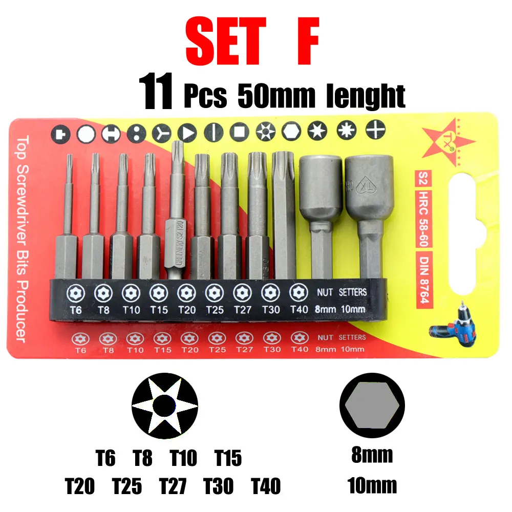 11 шт. Набор отверток магнитная отвертка Поворотная винтовой инструмент для Электрическая отвертка головные инструменты аксессуары противоскользящие - Цвет: SET F