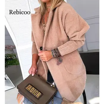 

Women Winter Warm Khaki Solid Fluffy Open Front Long Coat Soft Outwear Women Warm Jacket thicken version