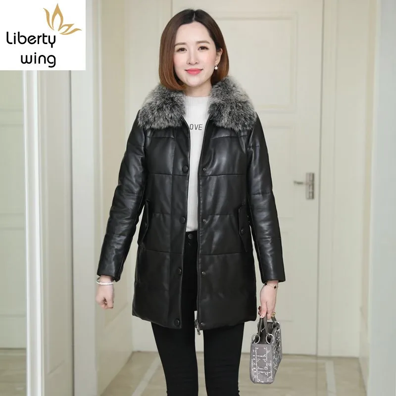 

Top Brand Sheepskin Fox Fur Collar Loose Down Coat Women Solid Black OL Winter Genuine Leather Long Jacket Female Warm Outwear