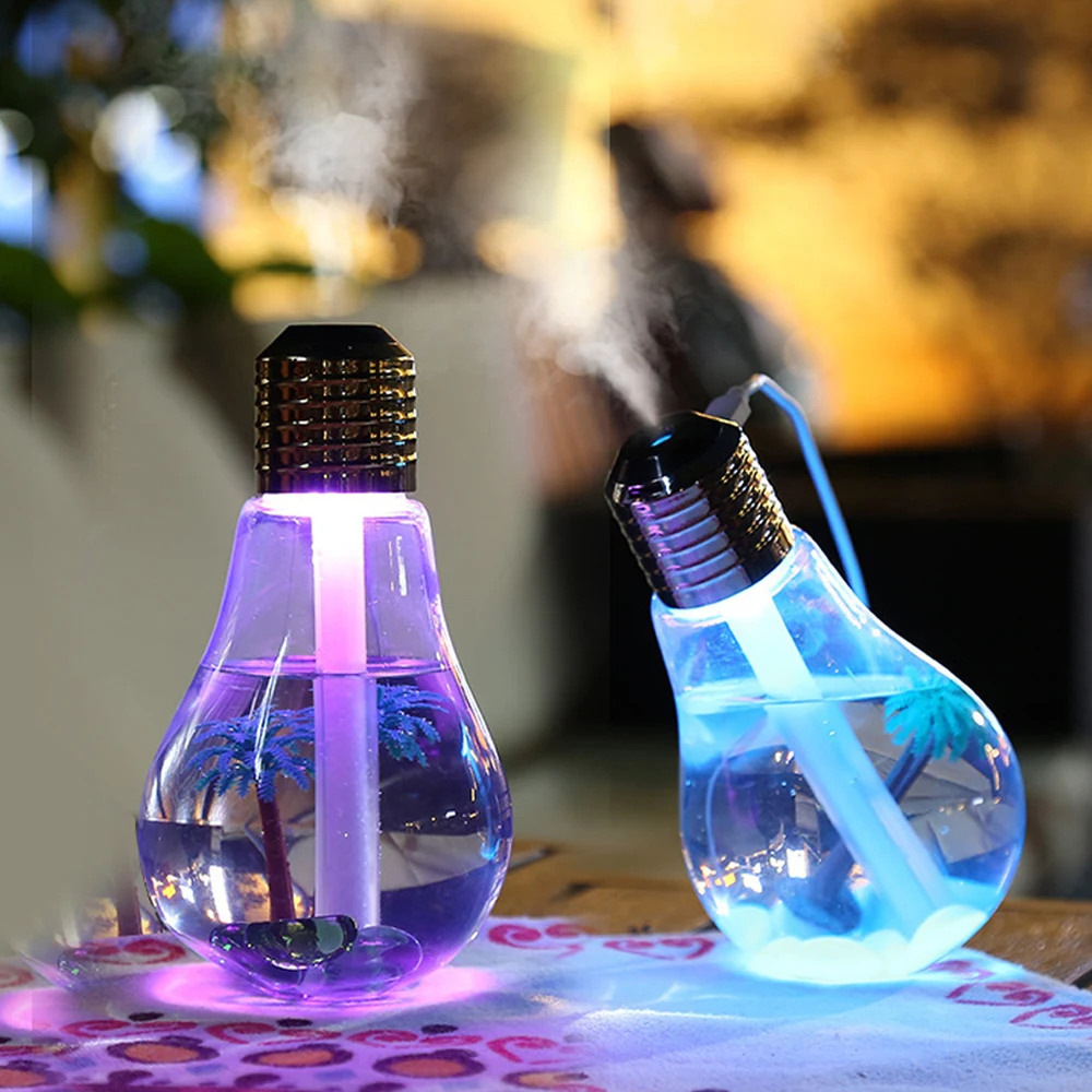 

400ml Bulb Shape LED Lamp Humidifier Mini Portable For Travel Home LED Night Light 7 Color LED Bulb Air Humidifier USB Charging