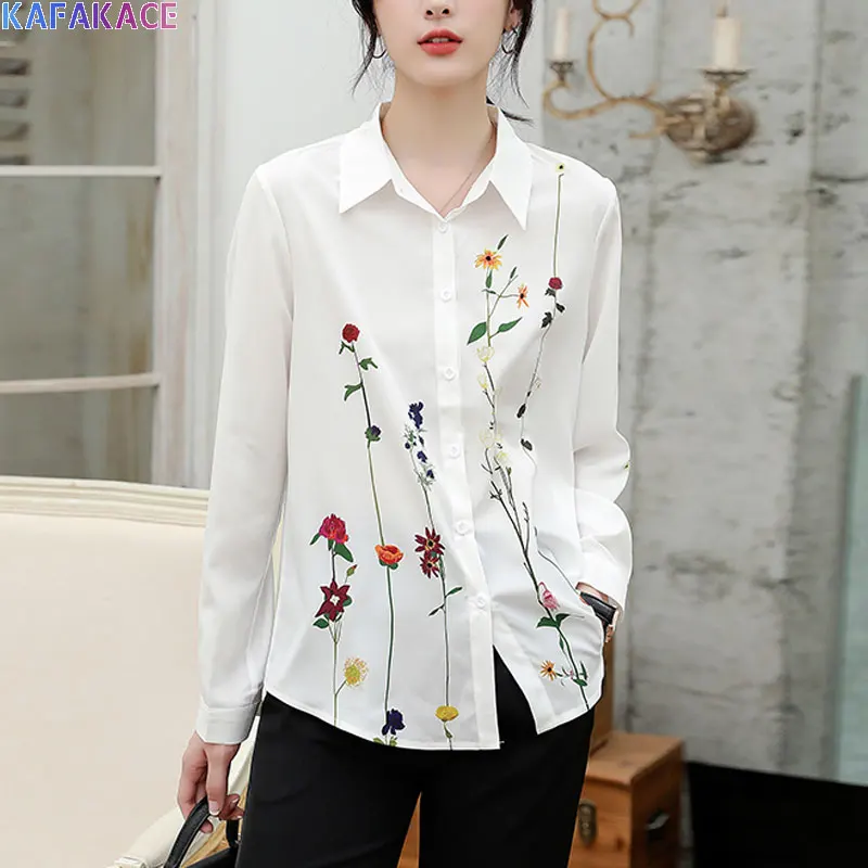 

KAFAKACE 2020 Women Blouse Autumn Blouse Show Thin Flower Printed Tops&Tees New Casual Spring Loose Korean Style White Shirts