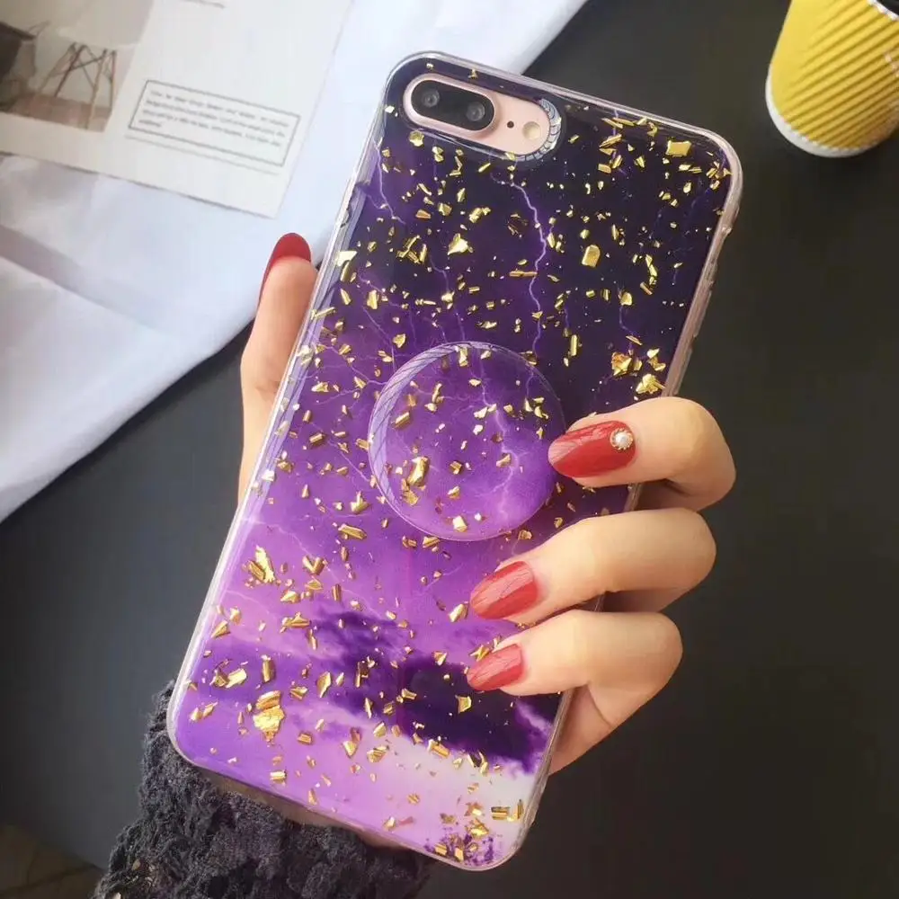 B with Finger Holder Kuutti Мягкий Роскошный держатель для пальца из золотой фольги, Мраморная мечта, силиконовый женский чехол для телефона для iPhone 11 6s 8 Plus X 11 Pro Max - Цвет: B with Finger Holder