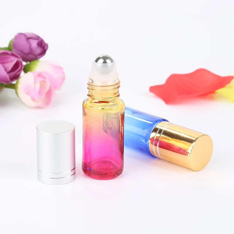 5 Pcs/Set 5ml Gradient Color Thick Glass Roll Ball Bottle On Essential Oil Empty Perfume Bottle Roller Ball Durable For Travel