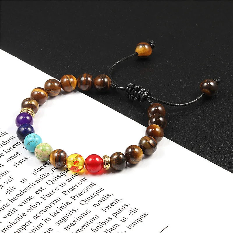 Pulseiras Trançadas Ajustáveis para Homens e Mulheres, Pedra Natural, 7 Chakra Curando Frisado, Pulseira Trecho de Lava, Jóias Buda Reiki, 2PCs, 8mm