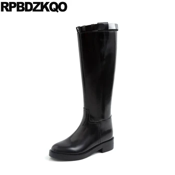 

equestrian long boots patent leather knee high round toe wide calf black handmade luxury brand shoes women trend riding tall