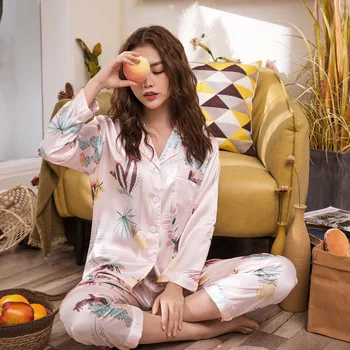 

Women Silk Pajama Satin ladies Pajamas Sets Long Sleeves Turn-down Collar Pocket Decor with Button Top+Pants Women Silk Pajamas